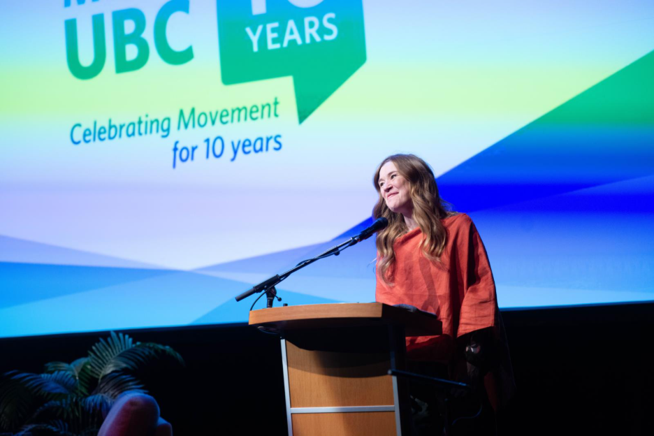 Clara Hughes on stage at the Chan Centre
