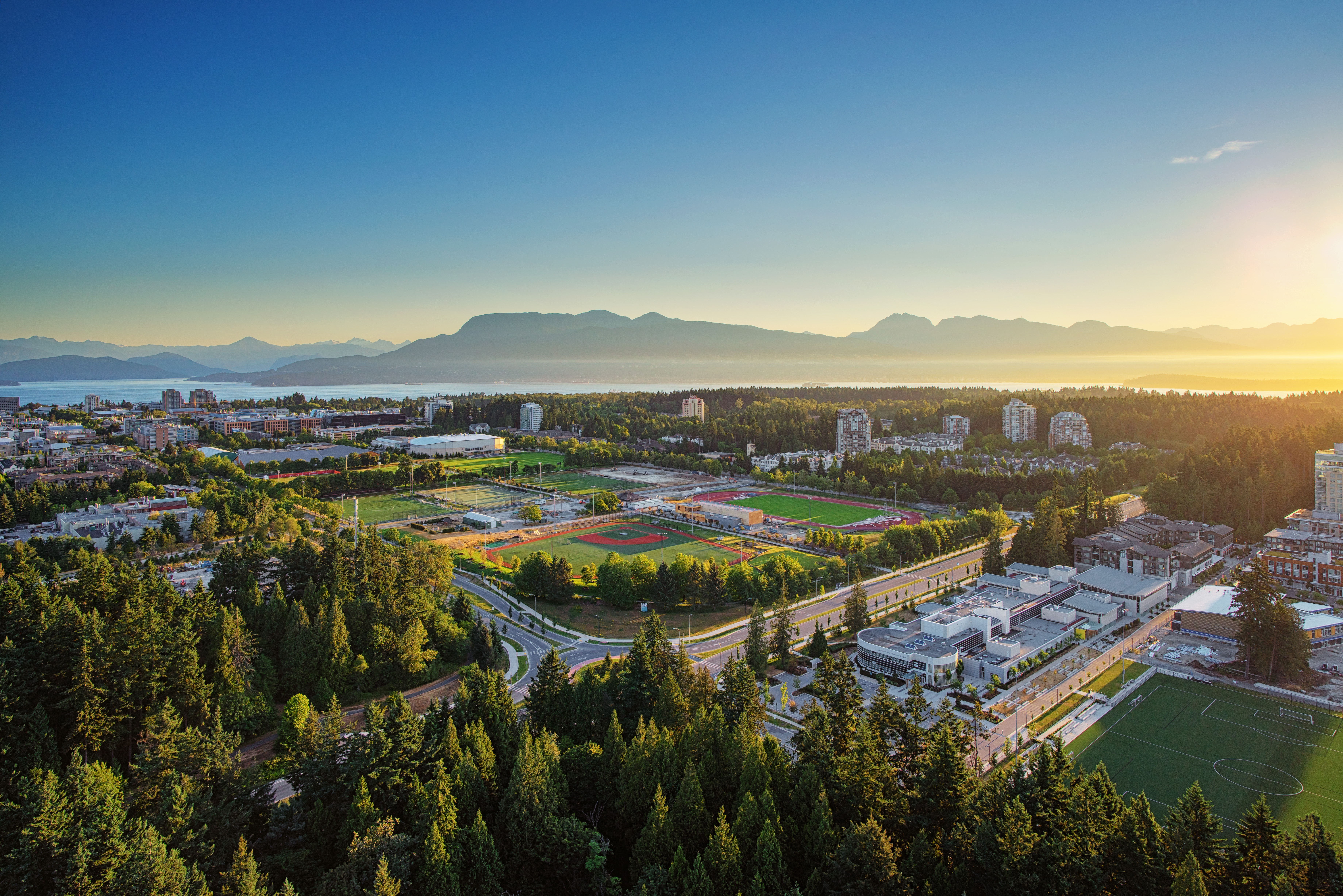 Aerial sunset horizon of UBC Vancouver campus