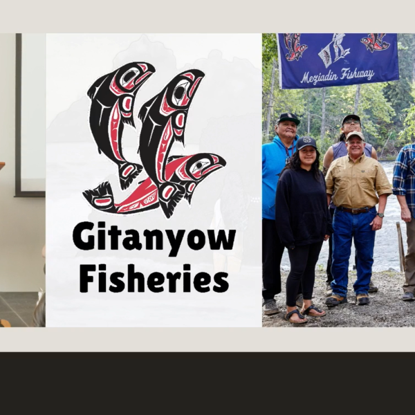 Rob Clark presenting with a slide about Gitanyow Fisheries and a group photo